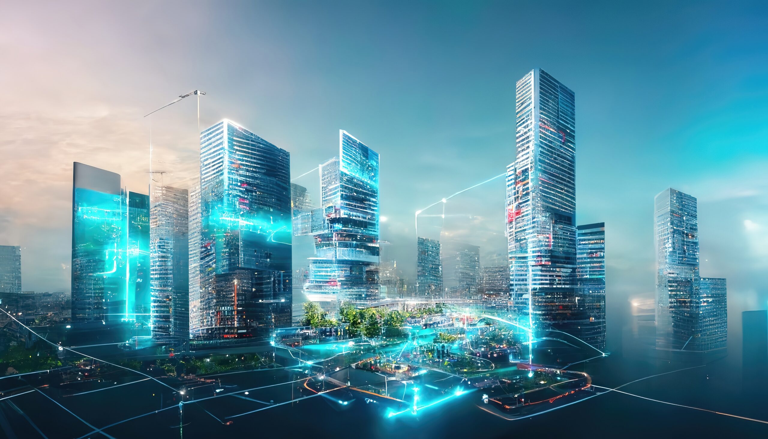 Minh họa raster của đô thị của tương lai. Tòa nhà chọc trời, ánh sáng xanh neon, ngọc lam, tháp viễn thông, mạng lưới toàn cầu, công viên trong thành phố, trên nền trời xanh. Khái niệm công nghệ. Ảnh minh họa 3D